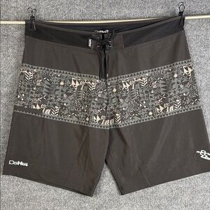 Da Hui Board Shorts Mens 40 Gray Geometric Surf Swim Trunks Stretch Hawaiian